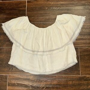Zara off the shoulder off white linen top with black trim raw hem sz L EUC